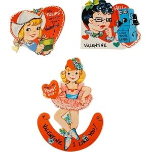 vintage Valentine's Day die-cut cards, likely from the 1930s to 1960s